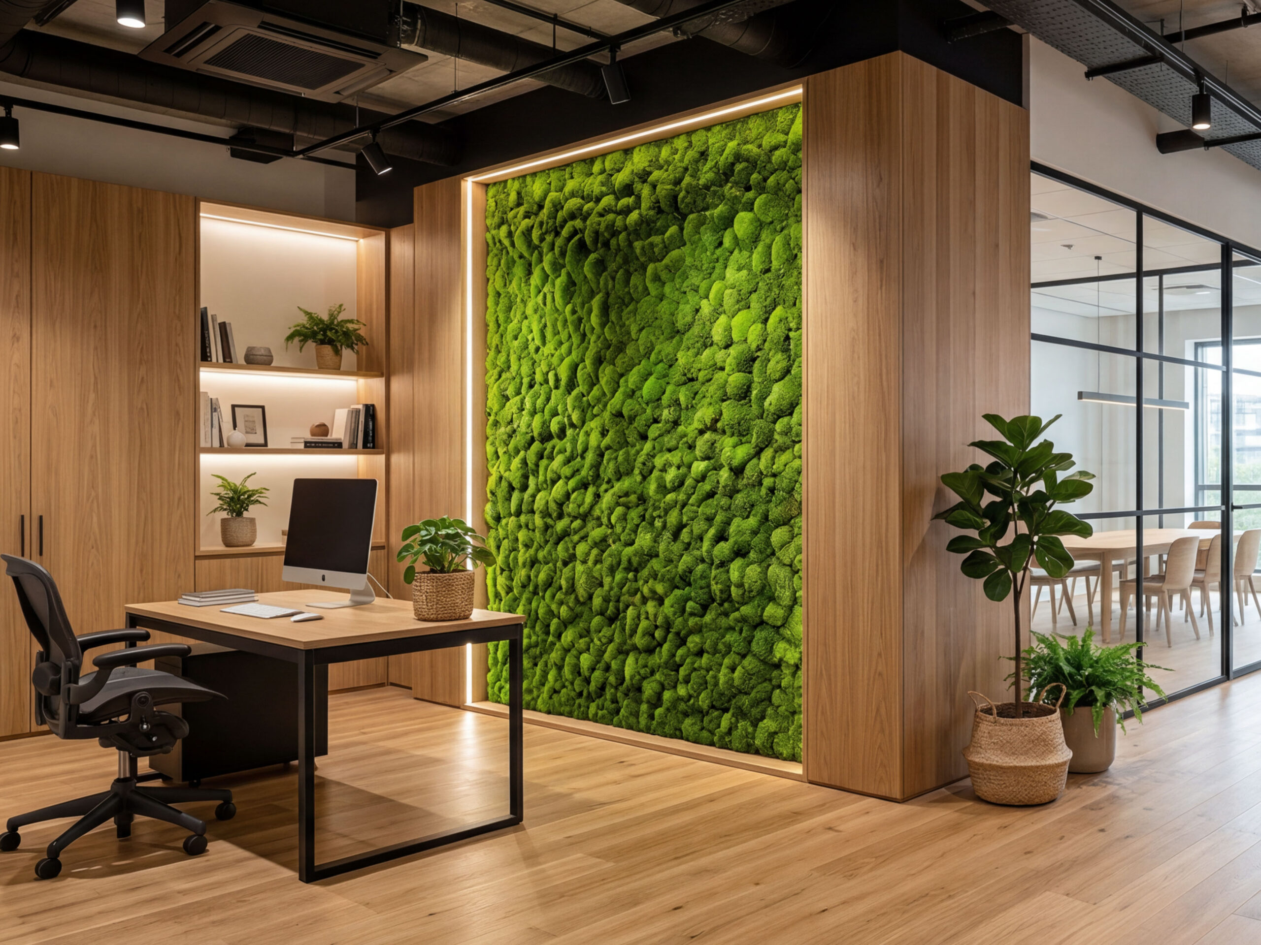 Büro mit Kugelmooswand von Moos Signage